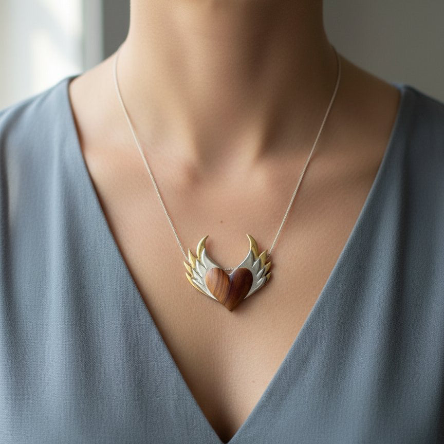 Olive Wood Heart Pendant with Double Silver Wings worn on a sterling silver snake chain at neckline - on-model lifestyle shot