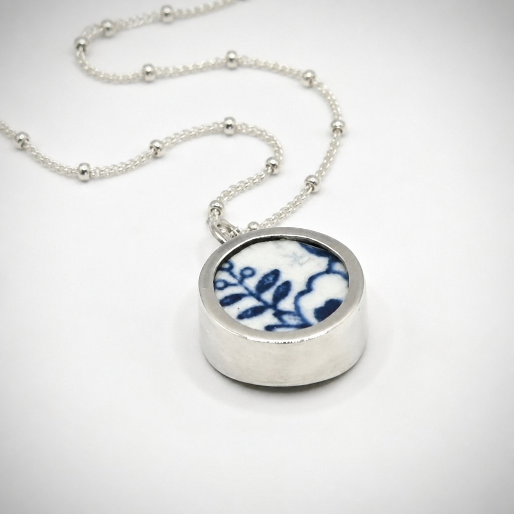 Handcrafted Double Shard Necklace - blue willow antique ceramic shard in oxidised sterling silver open bezel pendant