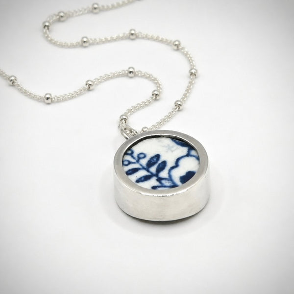 Handcrafted Double Shard Necklace - blue willow antique ceramic shard in oxidised sterling silver open bezel pendant