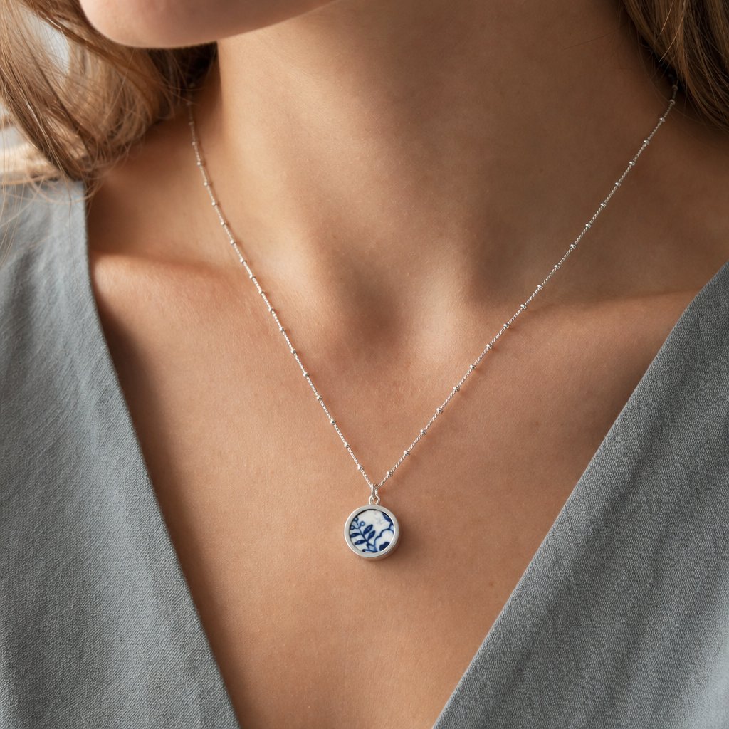 Handcrafted Double Shard Necklace - front face blue willow antique china shard set in sterling silver bezel with satellite chain