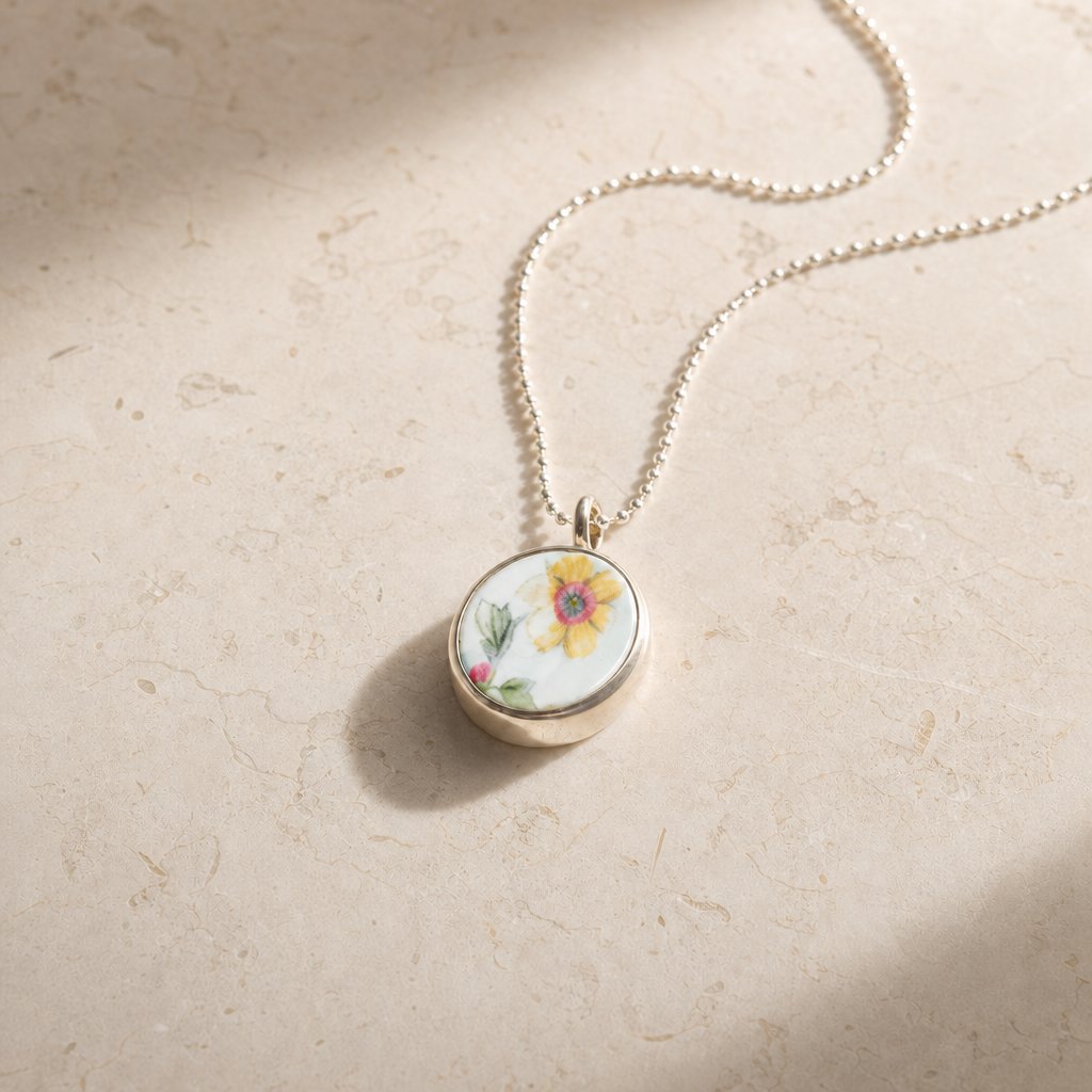 Double Sided Antique China Pendant Necklace - reverse face botanical leaf motif, sterling silver bezel, handcrafted