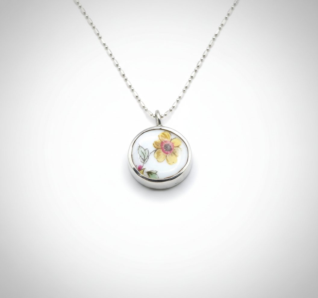 Double Sided Antique China Pendant Necklace - front face yellow floral motif, sterling silver bezel, 45cm ball chain