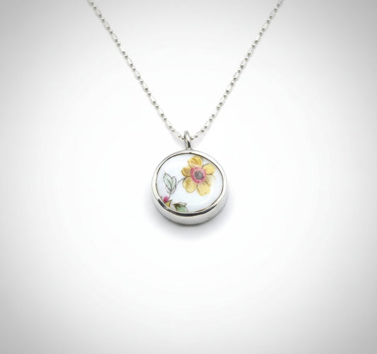 Double Sided Antique China Pendant Necklace - front face yellow floral motif, sterling silver bezel, 45cm ball chain