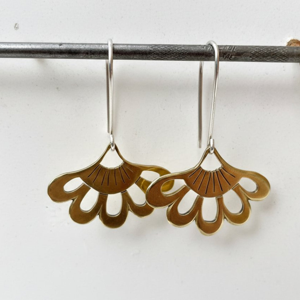 Five-Petal Lotus Hook Earrings - brass pair on Natasha Wood branded jewellery gift card packaging