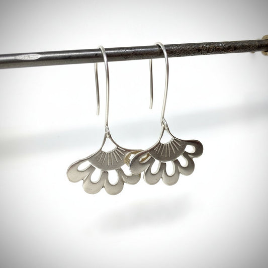 Five-Petal Lotus Hook Earrings - flat lay detail view sterling silver brushed finish