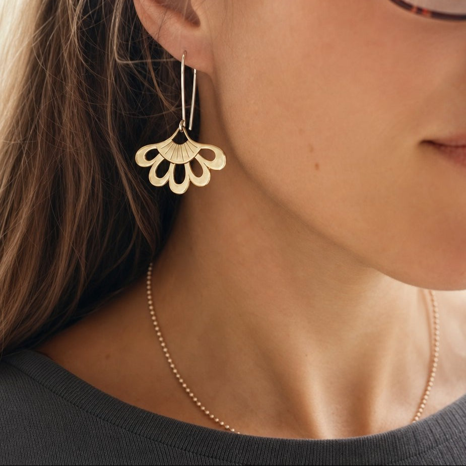 Five-Petal Lotus Hook Earrings - brass pair on Natasha Wood branded jewellery gift card and kraft packaging