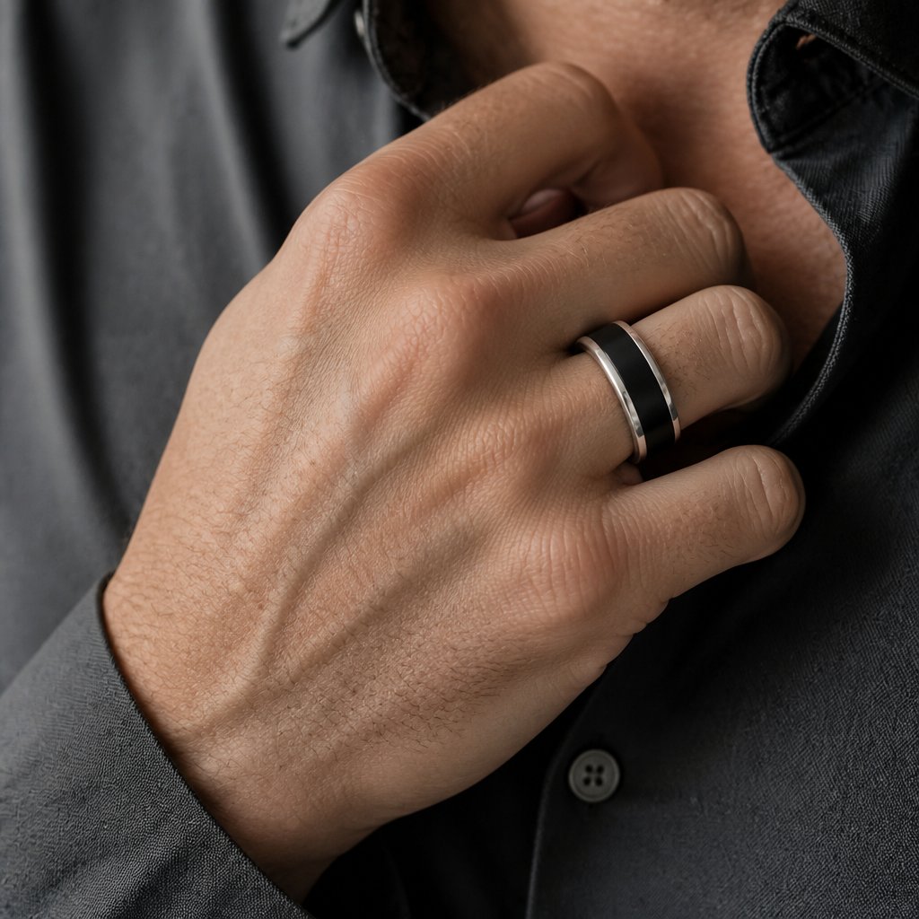 African Blackwood and sterling silver men's ring - front view showing wide band profile and flush wood detail