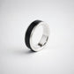 African Blackwood and sterling silver men's band ring - narrow 4mm variant showing fine wood stripe and polished silver edges