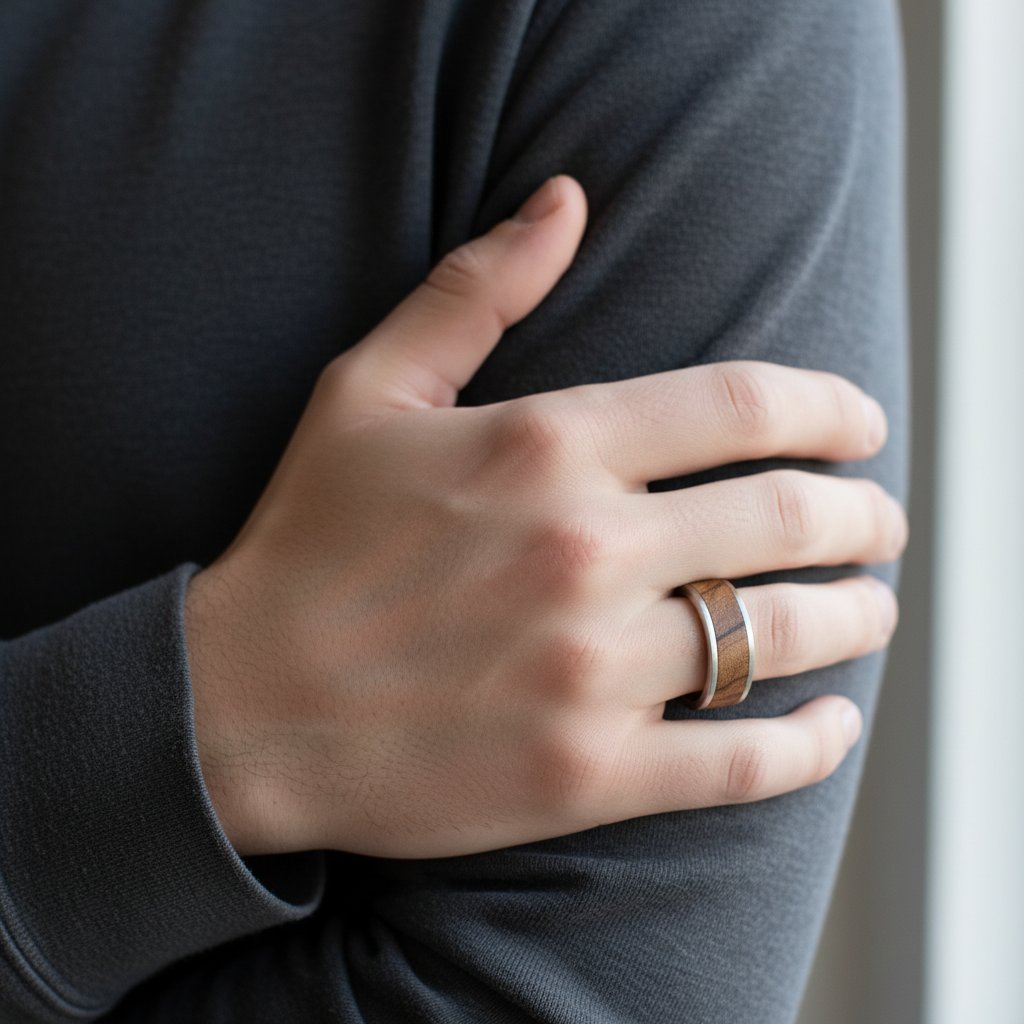 Men's olive wood and sterling silver wedding band - three-quarter angle view showing wood grain inlay