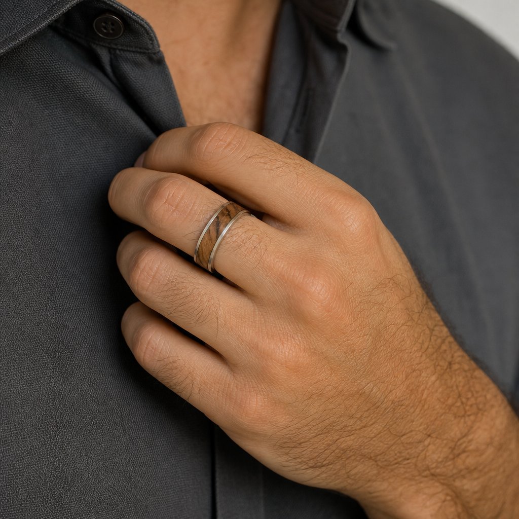 Men's olive wood and sterling silver wedding band - three-quarter angle view showing wood grain inlay