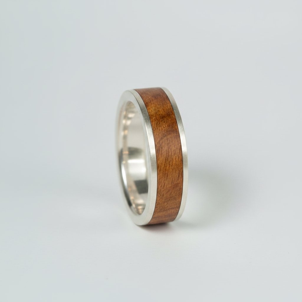 Two olive wood and sterling silver wedding bands in different widths displayed on natural wood surface