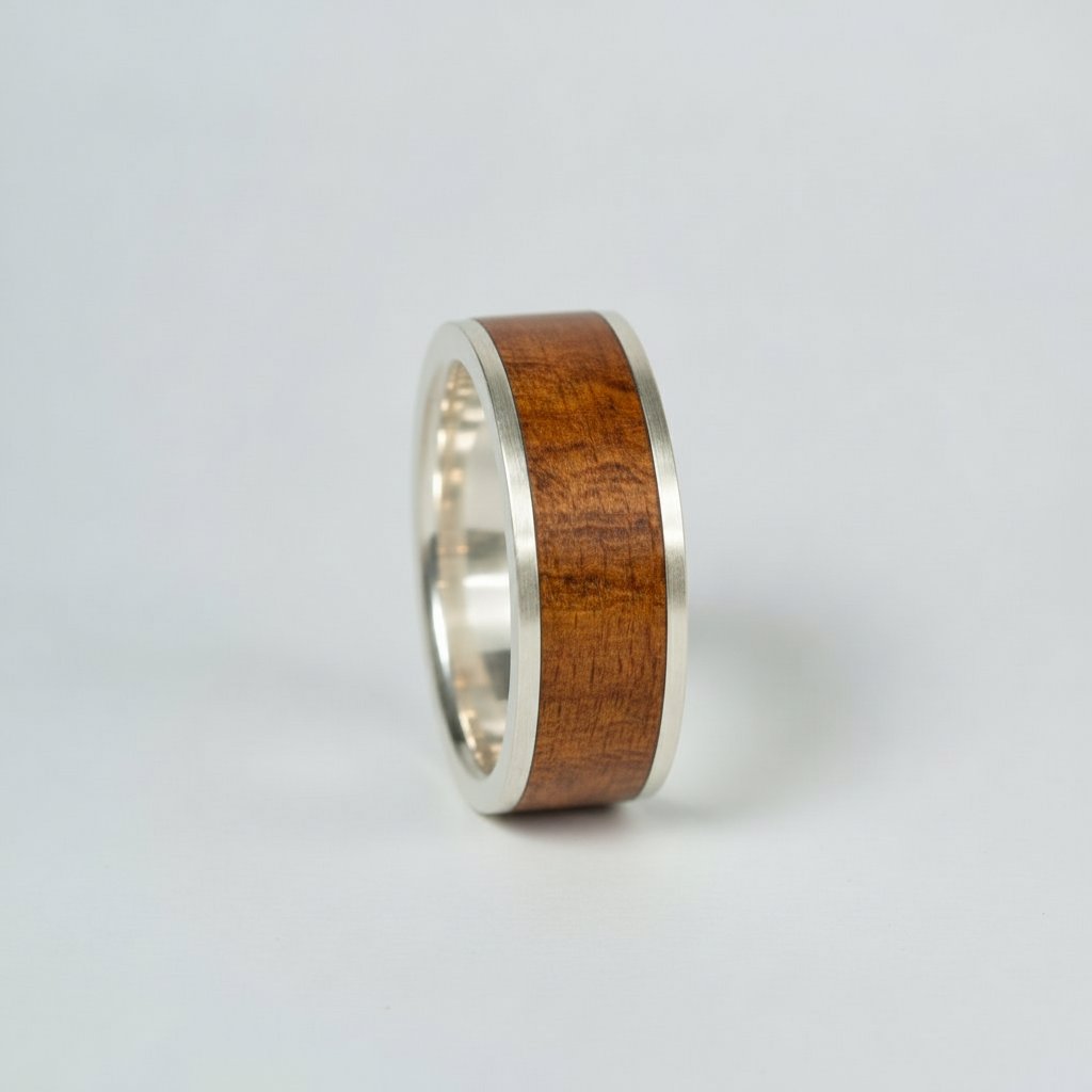 Olive wood silver wedding band interior showing personalised Italian engraving - bespoke inscription detail