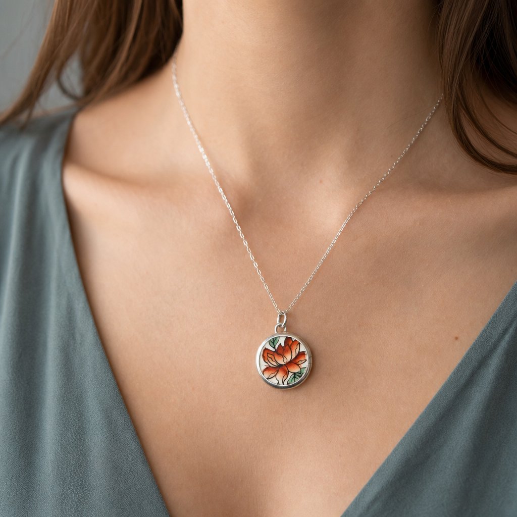 Golden Lotus Bloom pendant - front view orange lotus ceramic set in sterling silver bezel with trace chain