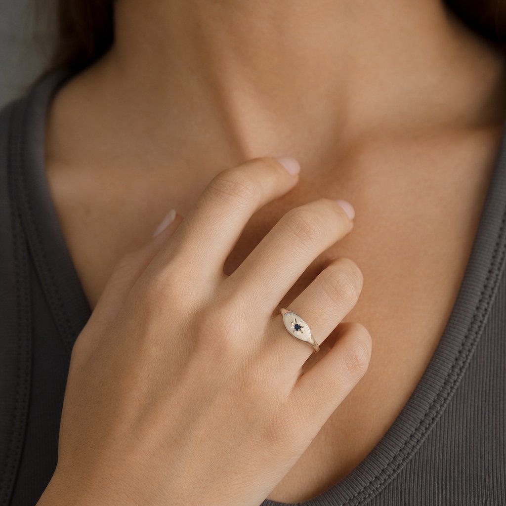 Ladies Pinky Signet Ring - front angle, sterling silver with amethyst star setting