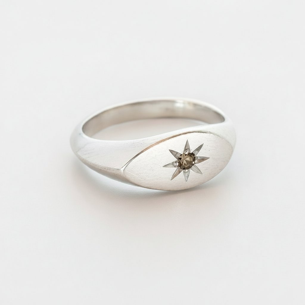 Ladies Pinky Signet Ring - front angle, sterling silver with smokey quartz star setting