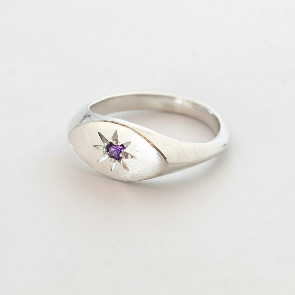 Ladies Pinky Signet Ring - front angle, sterling silver with amethyst star setting