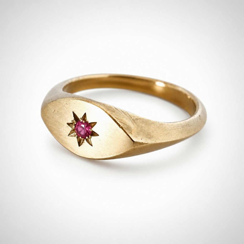 Brass Ladies Signet Ring - Close-Up Star Engraving with Garnet Gemstone Setting