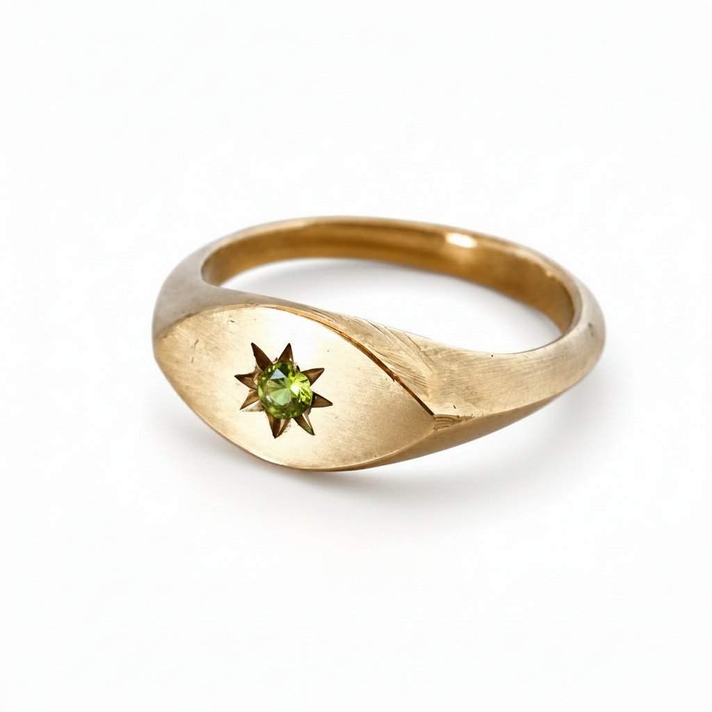 Brass Ladies Signet Ring - Close-Up Star Engraving with Garnet Gemstone Setting