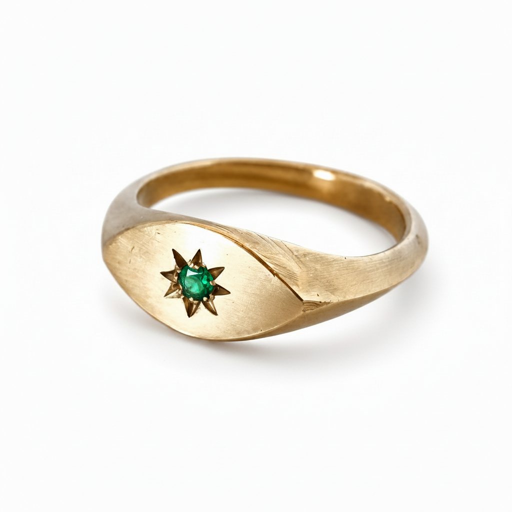 Brass Ladies Signet Ring - Close-Up Star Engraving with Garnet Gemstone Setting