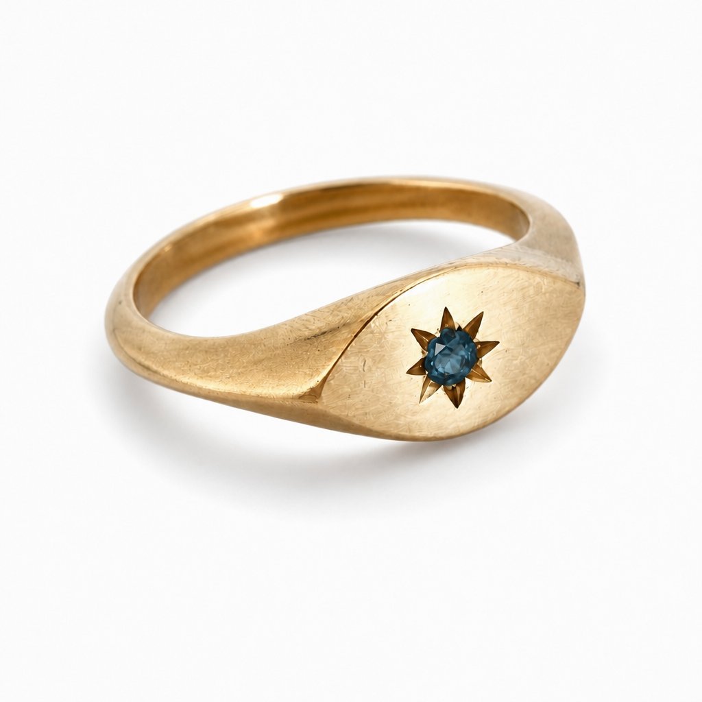 Brass Signet Ring - Front-On View with Star-Set White Topaz - Oval Face Detail