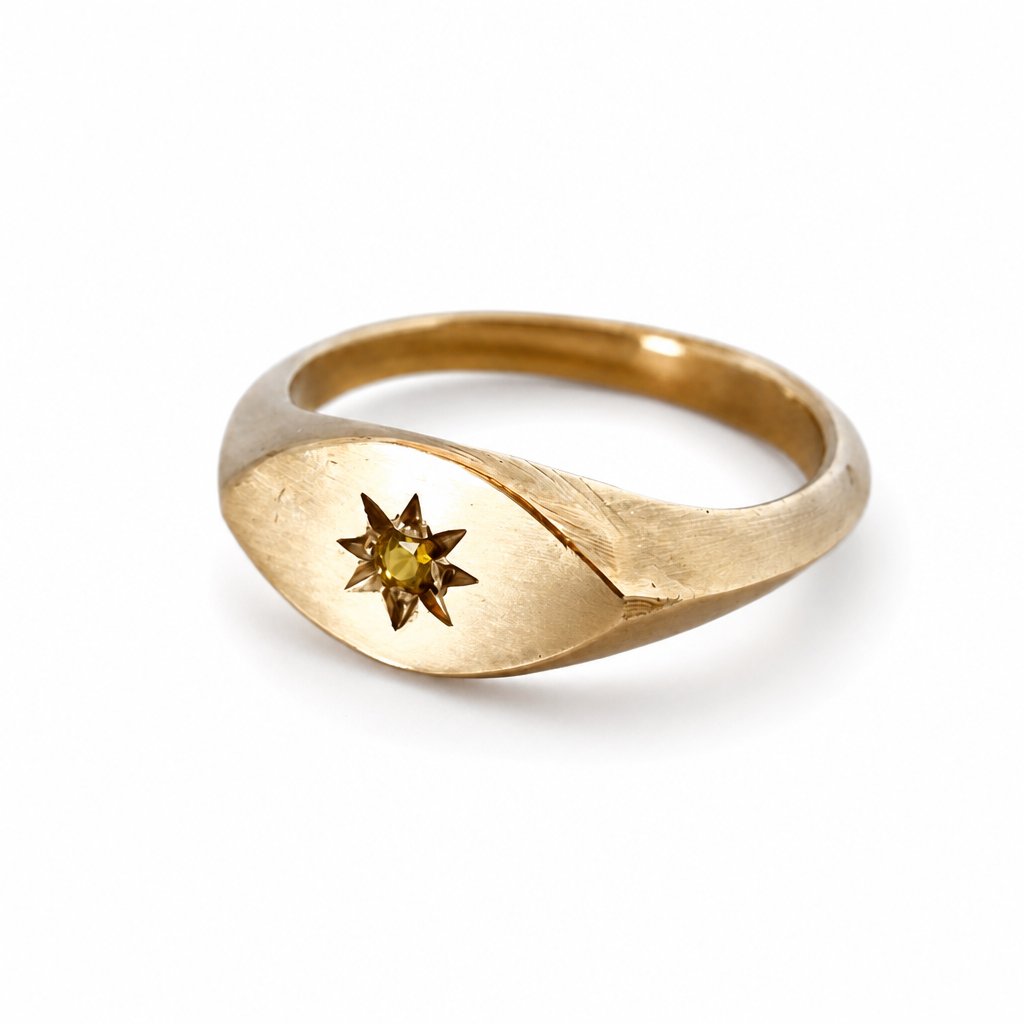 Brass Ladies Signet Ring - Close-Up Star Engraving with Garnet Gemstone Setting