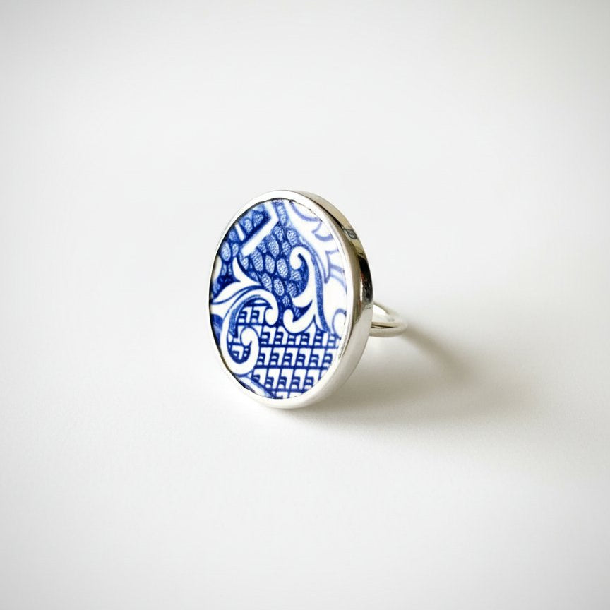 Large Antique Blue and White Ceramic Ring - Sterling Silver Bezel Setting - Natasha Wood Jewellery