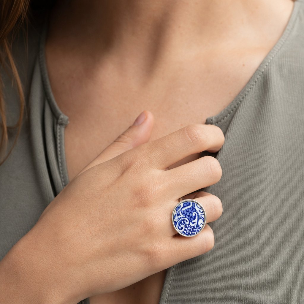Large Antique Blue and White Ceramic Ring - Sterling Silver Bezel Setting - Natasha Wood Jewellery