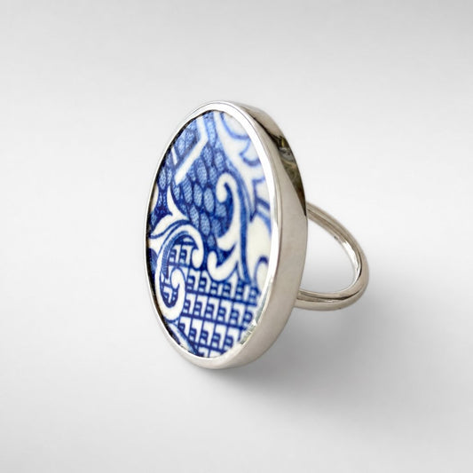 Large Blue White Ceramic Ring - Reverse View Sterling Silver Bezel Setting - Natasha Wood Jewellery