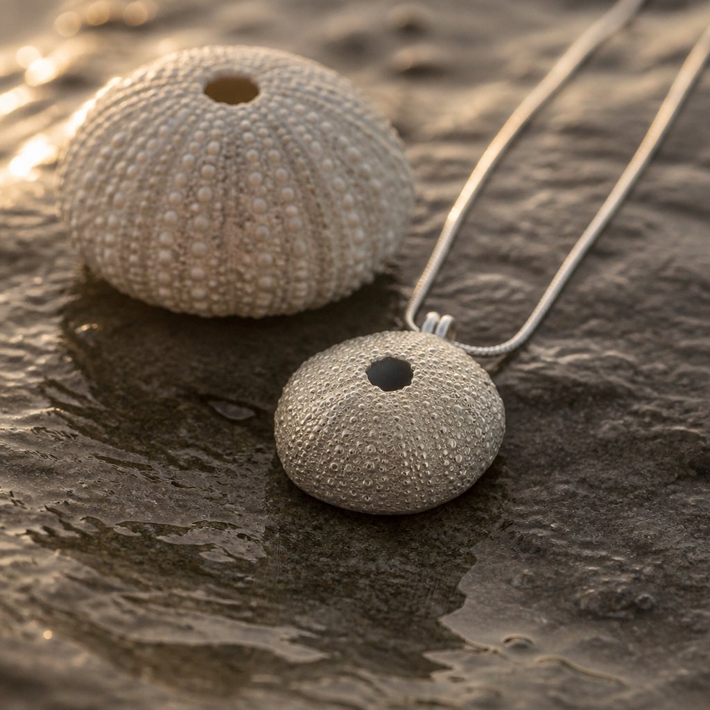 Extra Large Sea Urchin Pendant - front view brass finish warm gold tone sterling silver bail