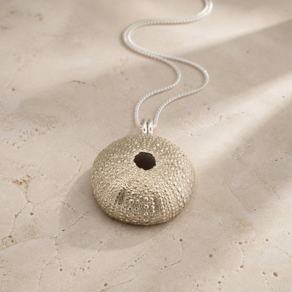 Extra Large Sea Urchin Pendant - front view brass finish warm gold tone sterling silver bail