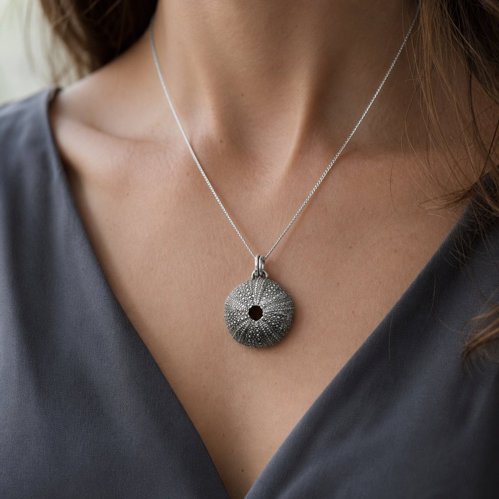Extra Large Sea Urchin Pendant - straight-on front view oxidized silver finish curb chain