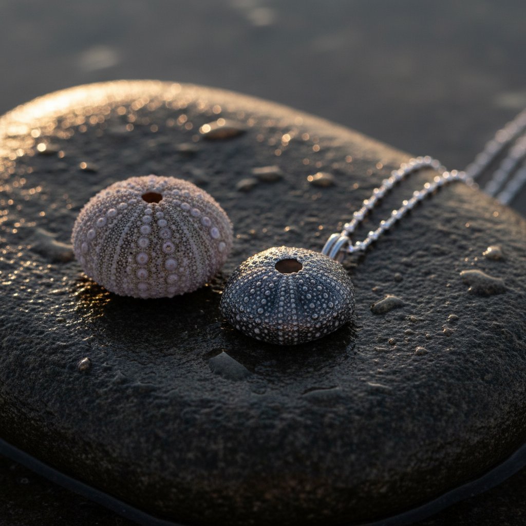 Extra Large Sea Urchin Pendant - three finish comparison oxidized silver, shiny silver and brass