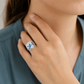 Lovebird Ring - displayed on wooden ring cone stand, antique willow pattern blue and white ceramic set in sterling silver