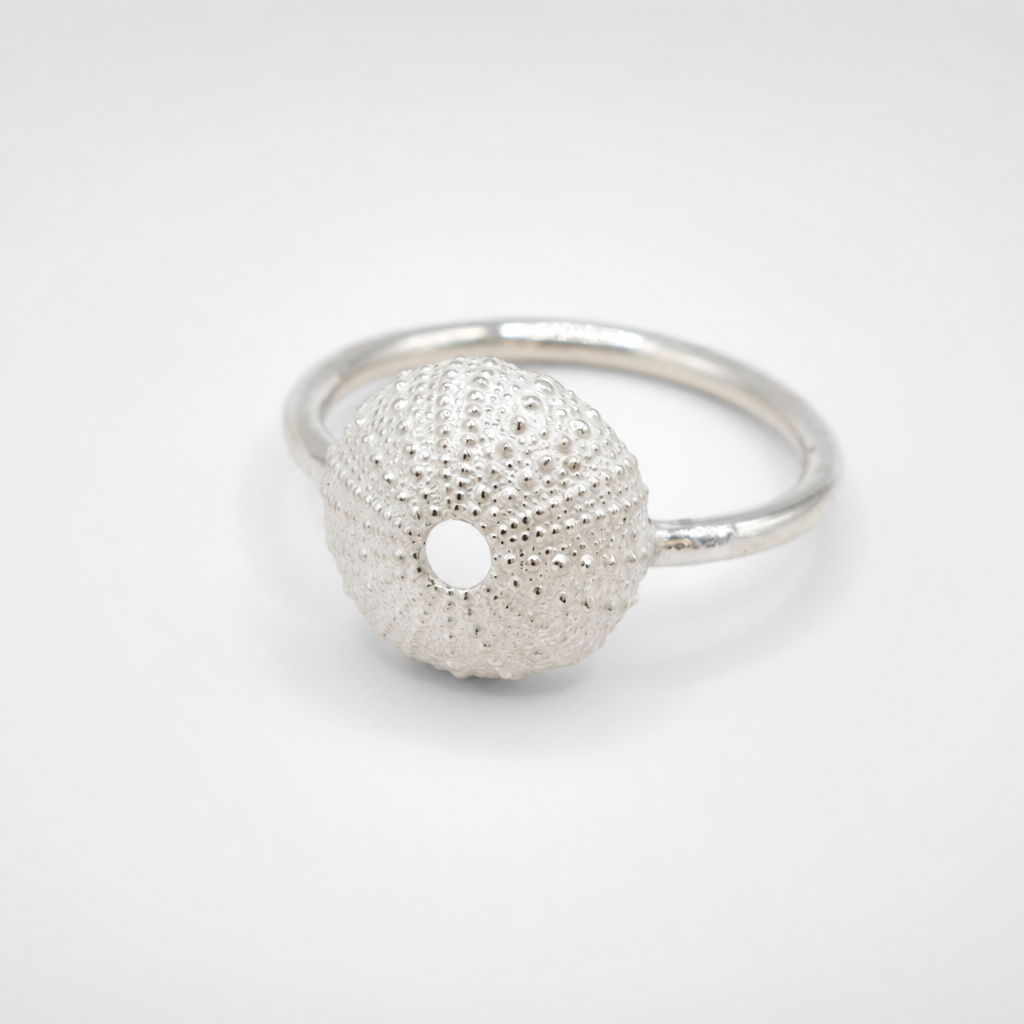 Medium Silver Sea Urchin Ring - straight-on front view showing tubercle texture detail, sterling silver