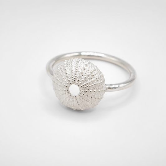 Medium Silver Sea Urchin Ring - straight-on front view showing tubercle texture detail, sterling silver