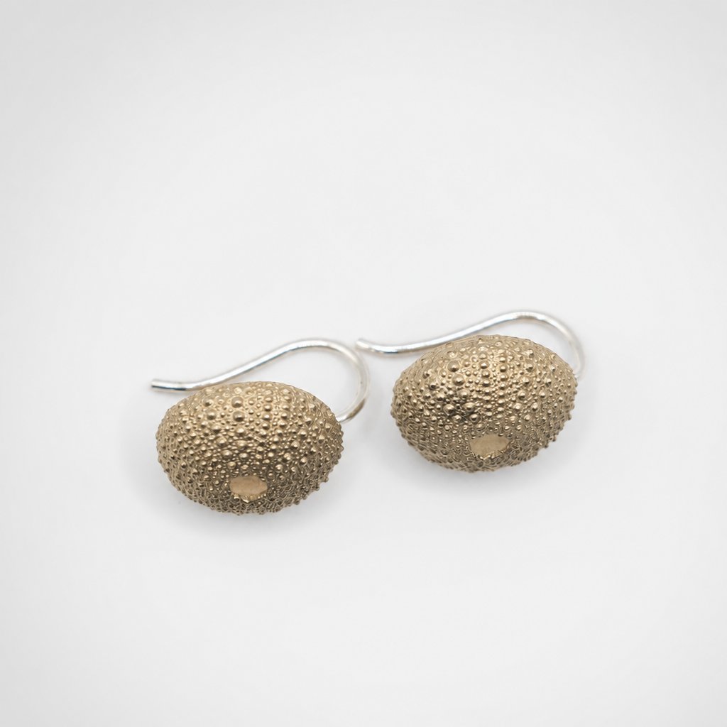 Medium Urchin Hook Earrings in brass with sterling silver hooks - flat lay on white, top-view showing warm brass tone