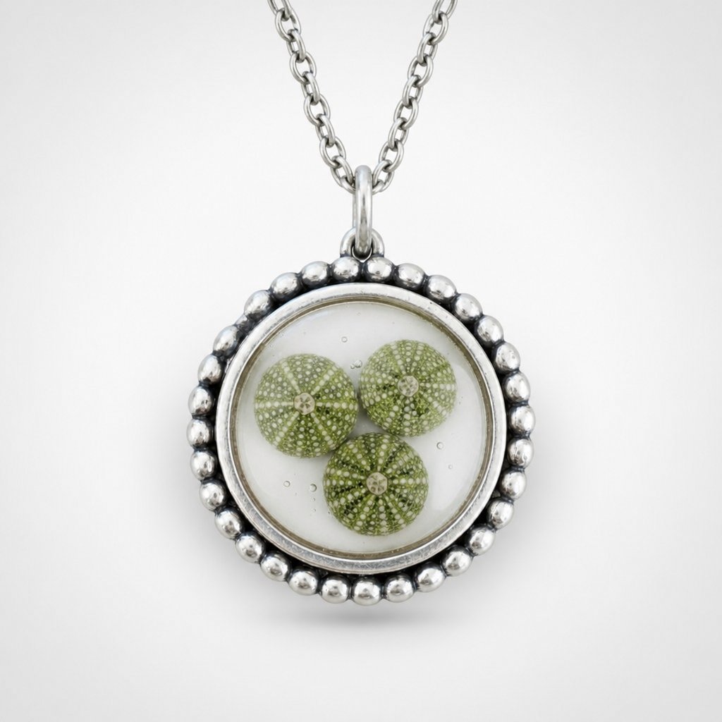 Sterling Silver Photo Pendant Necklace - beaded halo frame with circular glass-covered photo window, 45cm sterling silver chain, handcrafted by Natasha Wood Jewellery