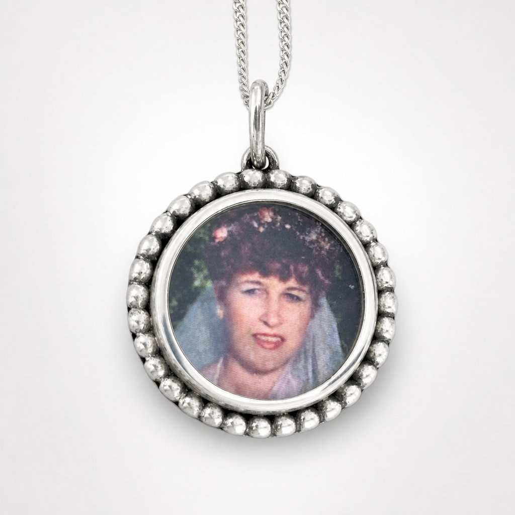 Sterling Silver Photo Pendant Necklace - beaded halo frame with circular glass-covered photo window, 45cm sterling silver chain, handcrafted by Natasha Wood Jewellery