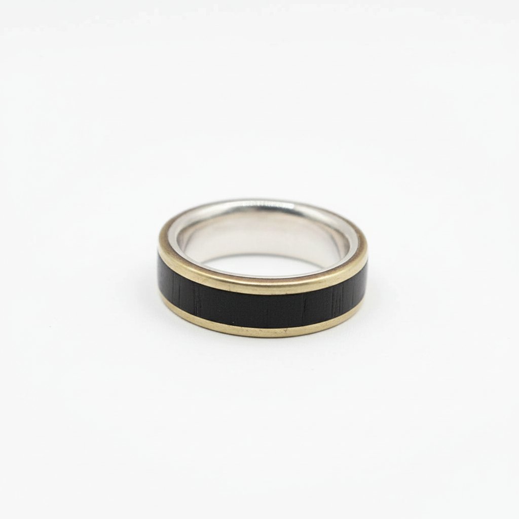 Blackwood and Silver Ring – front-facing view of 7mm African Blackwood ring with sterling silver and bronze bands, Natasha Wood Jewellery South Africa