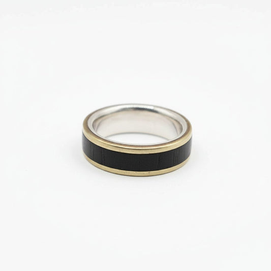 Blackwood and Silver Ring – front-facing view of 7mm African Blackwood ring with sterling silver and bronze bands, Natasha Wood Jewellery South Africa