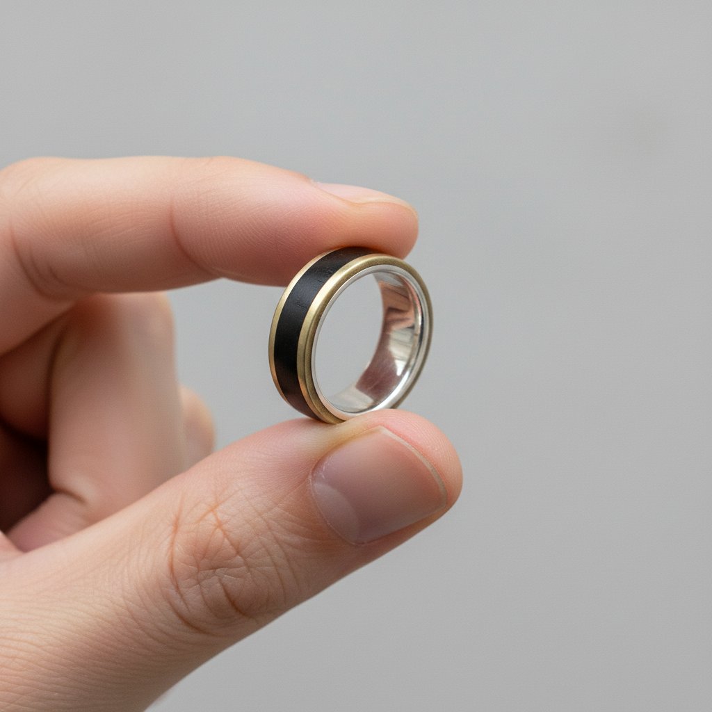 Blackwood and Silver Ring – front-facing view of 7mm African Blackwood ring with sterling silver and bronze bands, Natasha Wood Jewellery South Africa