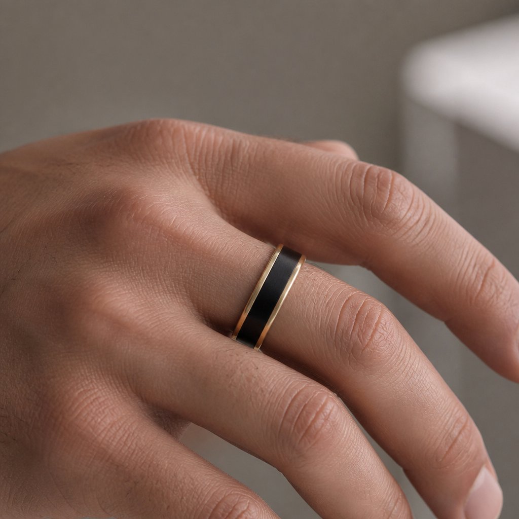 Blackwood and Silver Ring – front-facing view of 7mm African Blackwood ring with sterling silver and bronze bands, Natasha Wood Jewellery South Africa