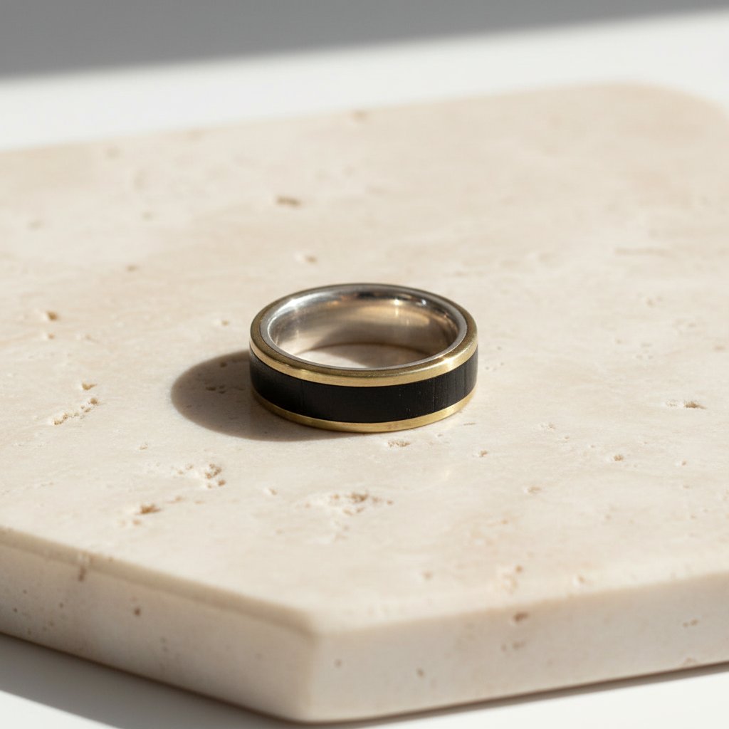 Blackwood and Silver Ring – front-facing view of 7mm African Blackwood ring with sterling silver and bronze bands, Natasha Wood Jewellery South Africa