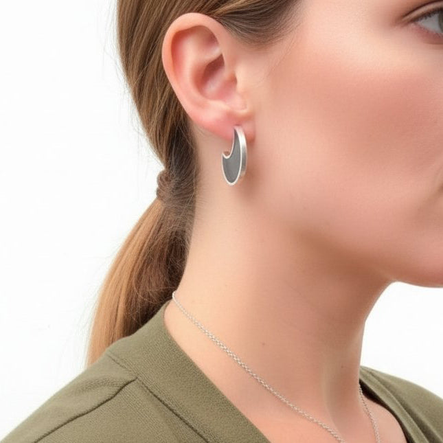 Moon Shape Colour Stud Earrings - on model blackresin sterling silver frame close-up neck