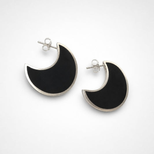 Moon Shape Colour Stud Earrings - black resin silver frame close-up detail showing resin and metal bezel