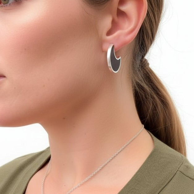 Moon Shape Colour Stud Earrings - on model red resin sterling silver frame close-up neck