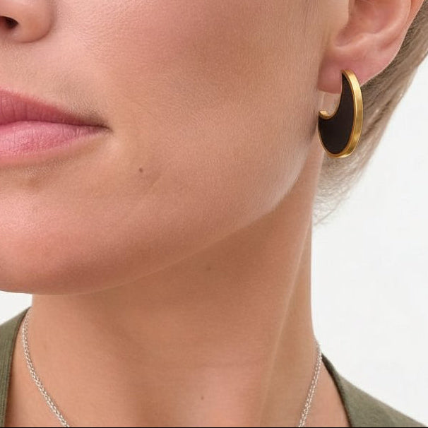Moon Shape Colour Stud Earrings - on model black resin brass frame close-up neck