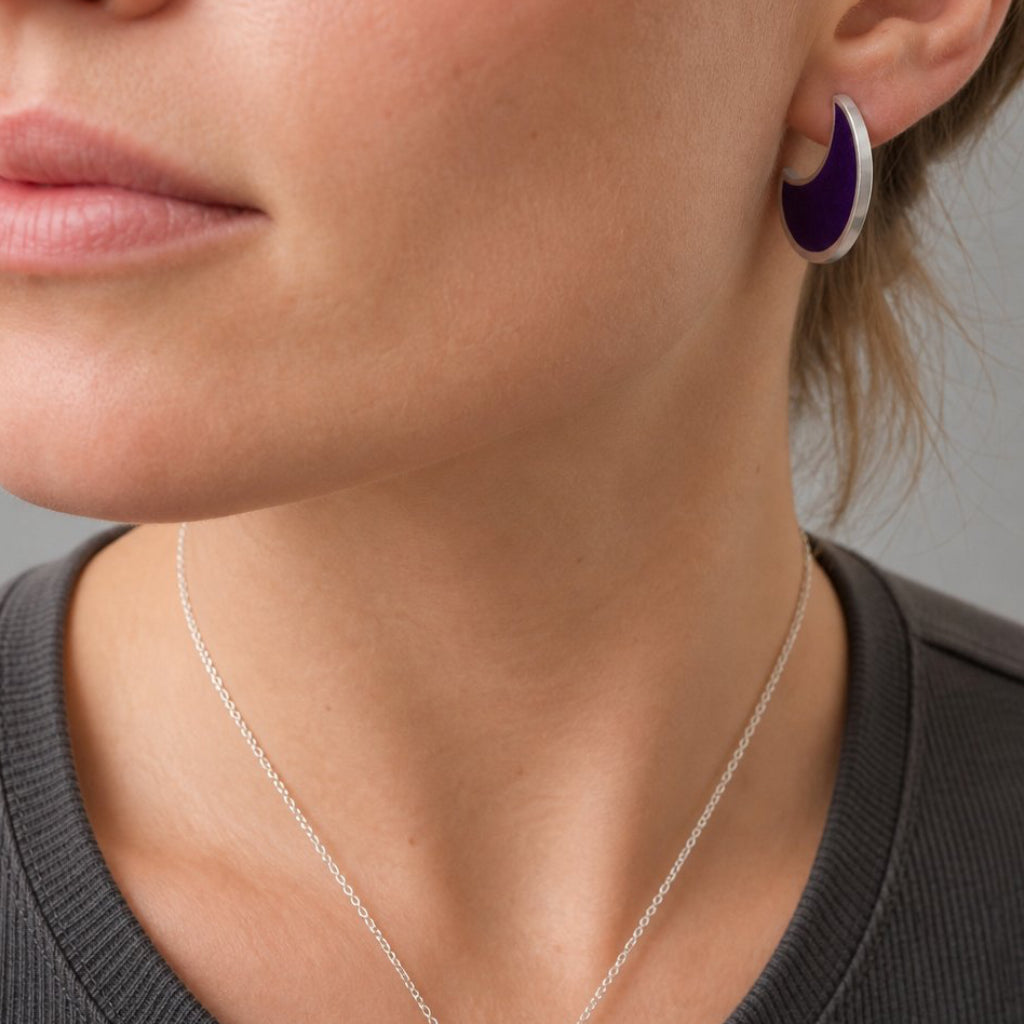 Moon Shape Colour Stud Earrings - on model black resin sterling silver frame close-up neck