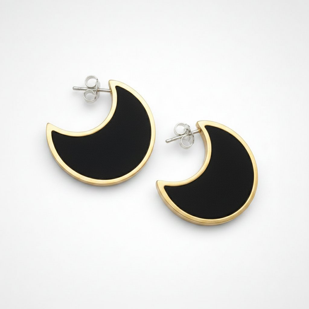 Moon Shape Colour Stud Earrings - black resin brass frame silver pins close-up detail showing resin and metal bezel