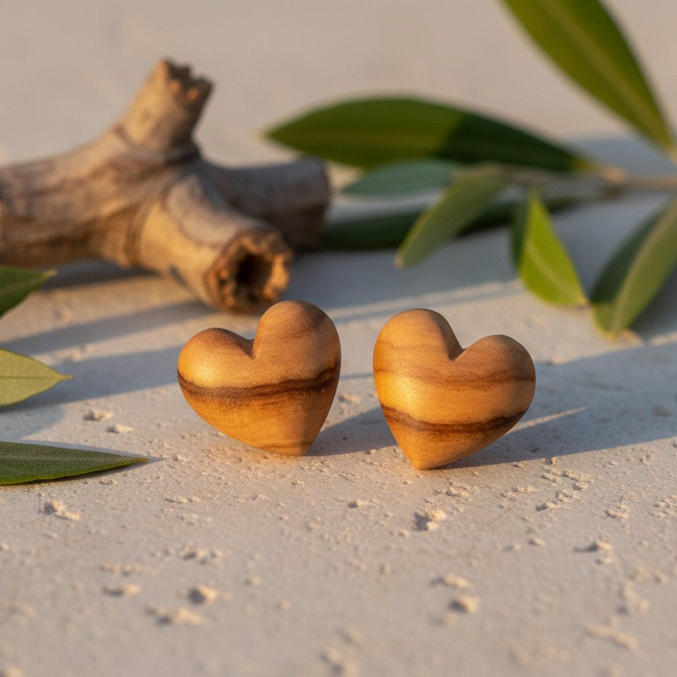Natasha Wood Jewellery olive wood heart stud earrings - front view, natural grain, sterling silver backs, white background